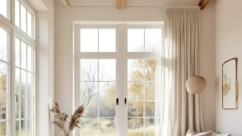 Matières, texture naturelle bois clair un parquet en frêne et chêne clair au bord d’un tapis en lin naturel, veinage lumineux en lumière rasante matinale, composition quasi abstraite