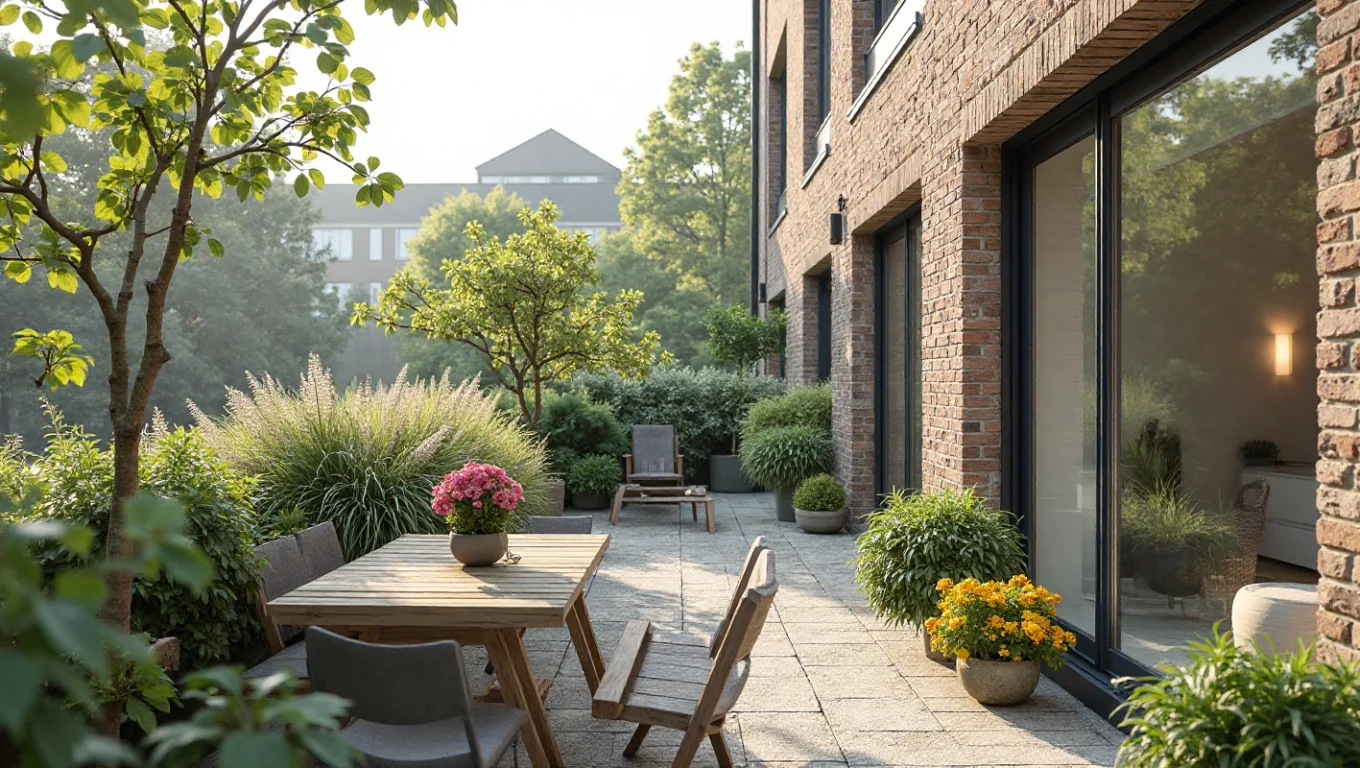 Balcon urbain jardin nordique : bacs bois et plantes