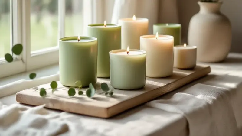 Collection de bougies artisanales en vert sauge, beige chaud et blanc cassé sur une planche de bois blanchi, accompagnées de brins d’eucalyptus