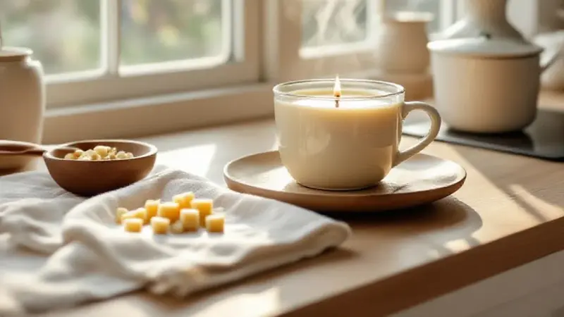 Fonte de cire de soja au bain-marie dans un bol en verre, légère vapeur visible, cuillère en bois sur un plan de travail naturel