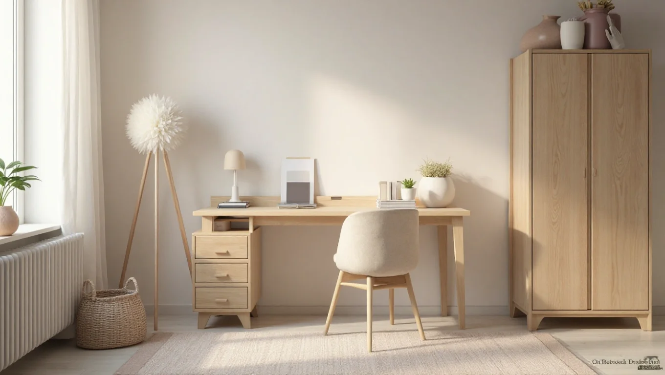 Bureau enfant dans une chambre nordique : bois naturel