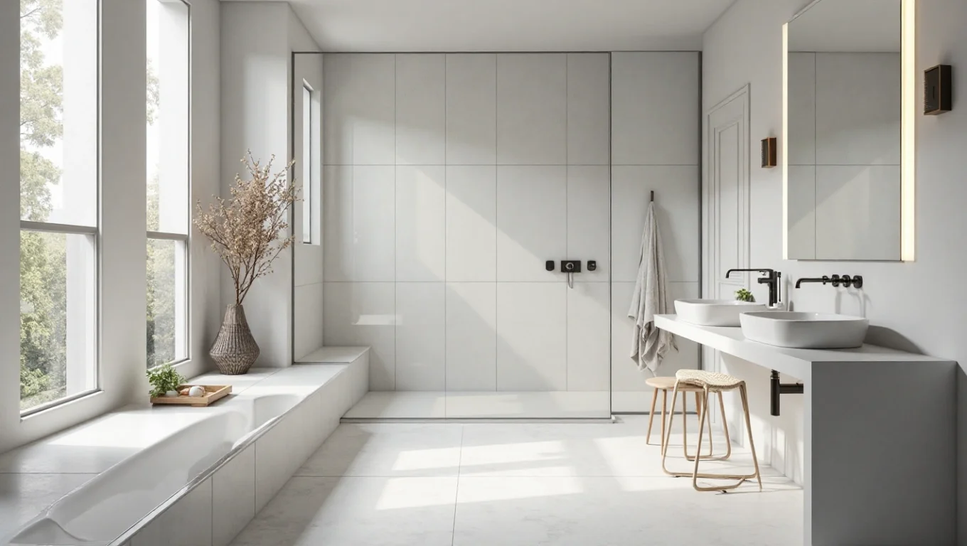 Carrelage métro pour salle de bain nordique : blanc et joints gris