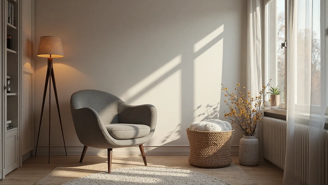Coin lecture cosy style nordique : fauteuil, lampe et plaid