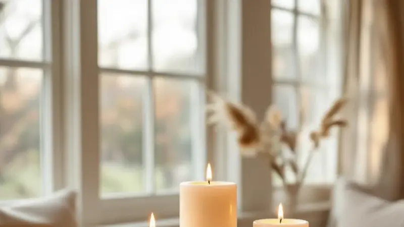 Content image, Nordic candles on a wooden table, hygge candlelight atmosphere