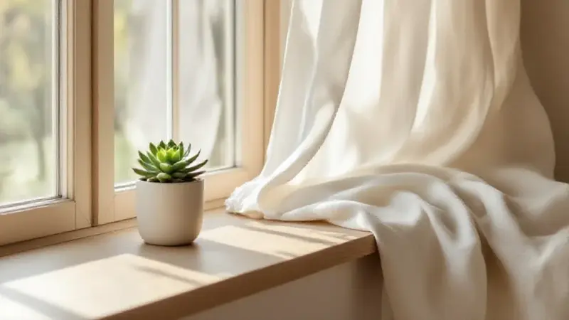 Content image, minimalist window with linen curtains, natural light diffusion
