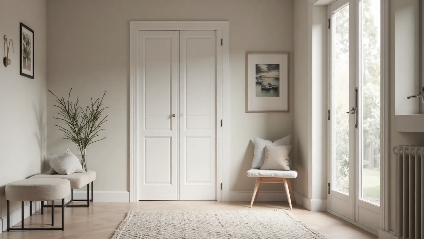 Hall entrée scandinave compact : porte-manteaux, banc, rangements