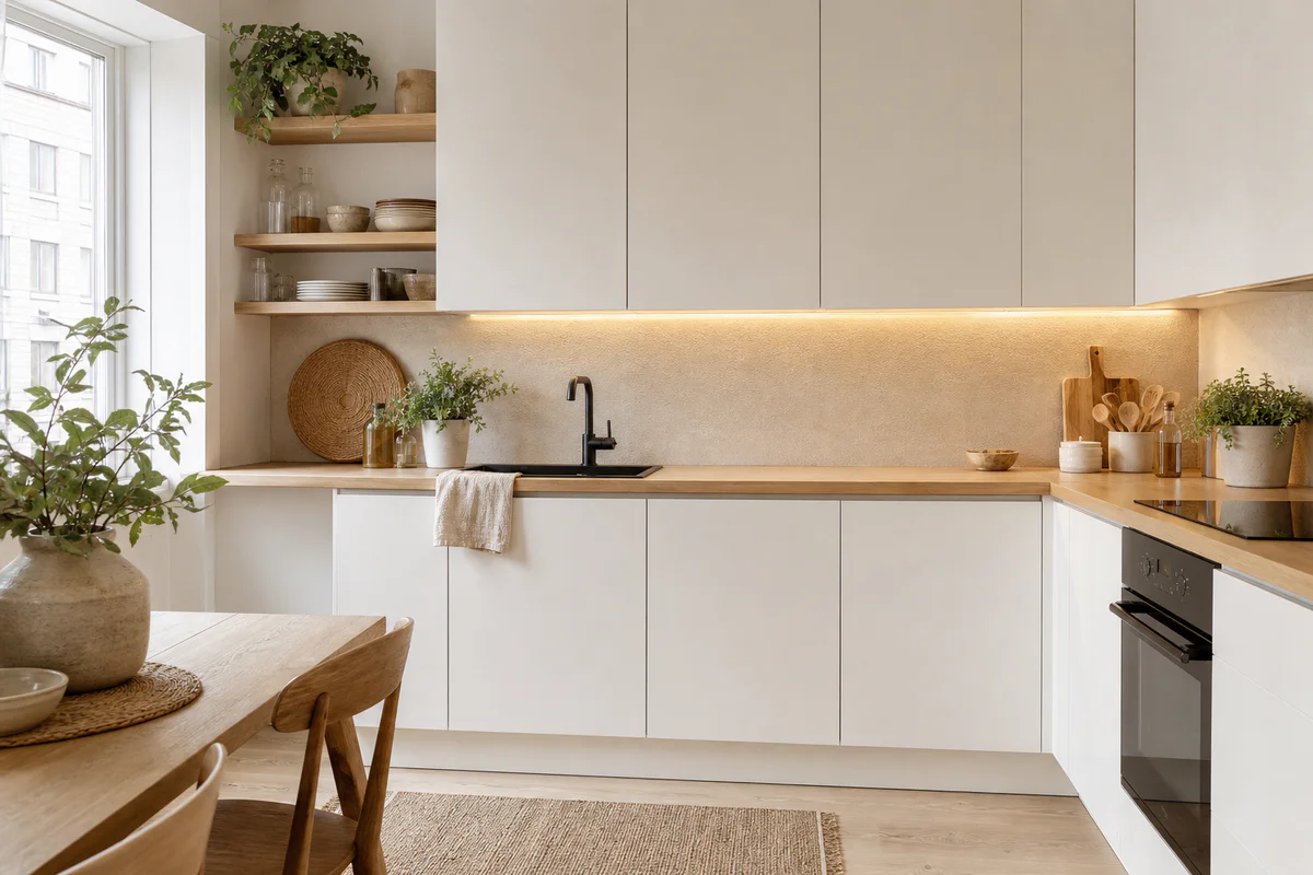 Cuisine scandinave blanche et bois sans effet froid
