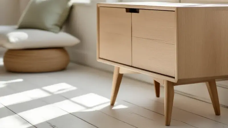 Content image, pale wood furniture detail, Scandinavian craftsmanship, grayscale hover
