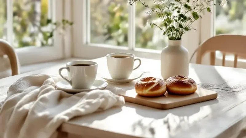 Content image, fika moment, peaceful nature pause, coffee in nature