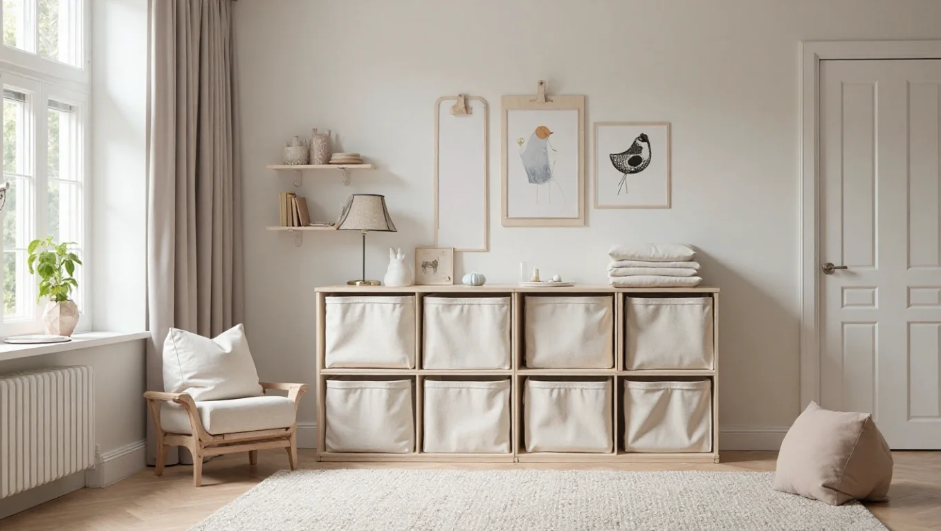 Meubles rangement enfant style nordique : cubes et boîtes tissu