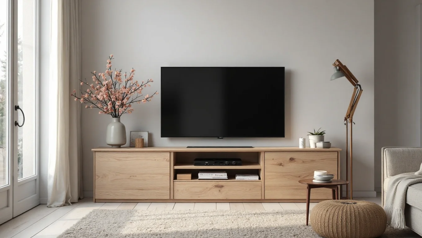 Meuble TV design scandinave bas : bois et câbles cachés