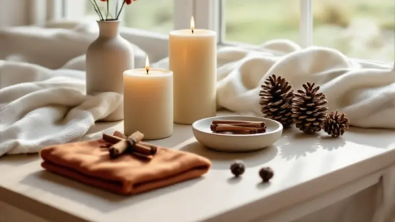 Palette automne, bougies et éléments naturels hygge
