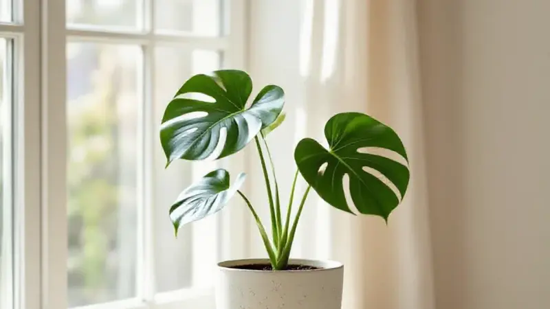 Gros plan sur un pot en céramique mate grège avec plante verte, posé sur une tablette en bois clair, esthétique nordique minimaliste