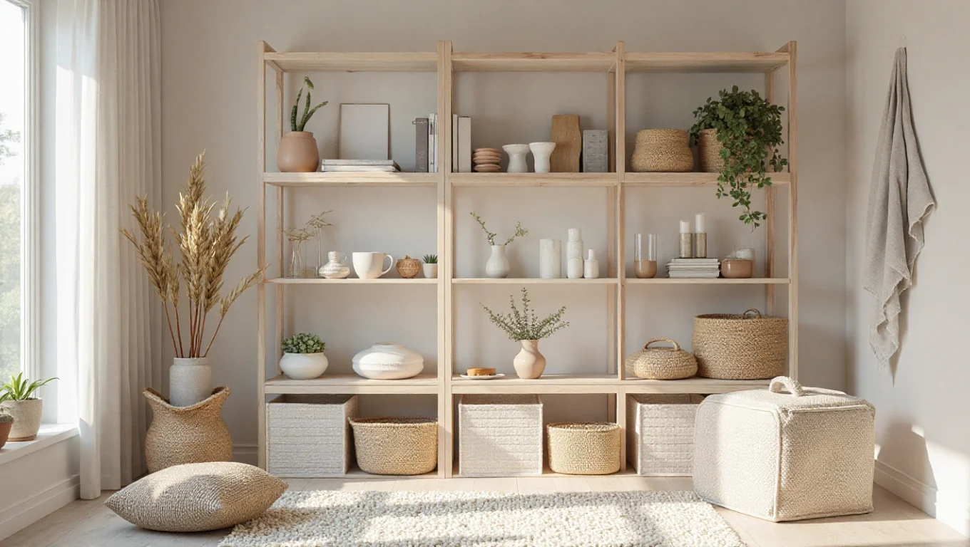 Rangement minimaliste façon scandinave : boîtes, crochets, étagères