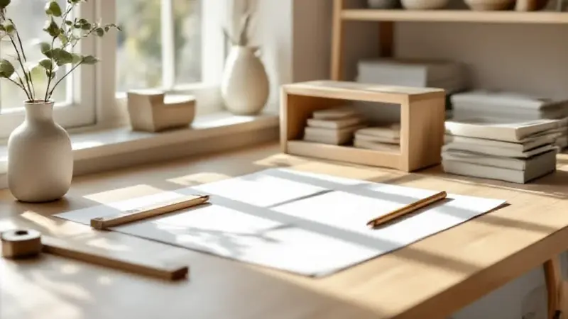 Étape plan, dessin et mesure du meuble une étagère nordique sur papier blanc posé sur un établi en chêne clair, règle en bois et compas à côté, lumière naturelle zénithale