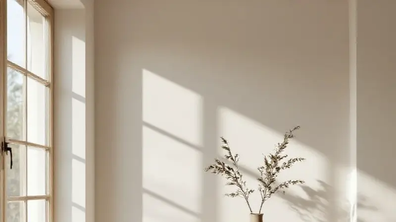 Étagère flottante en chêne clair fraîchement construite dans un salon nordique lumineux, vase en céramique, plante et livres posés dessus, grande fenêtre à gauche