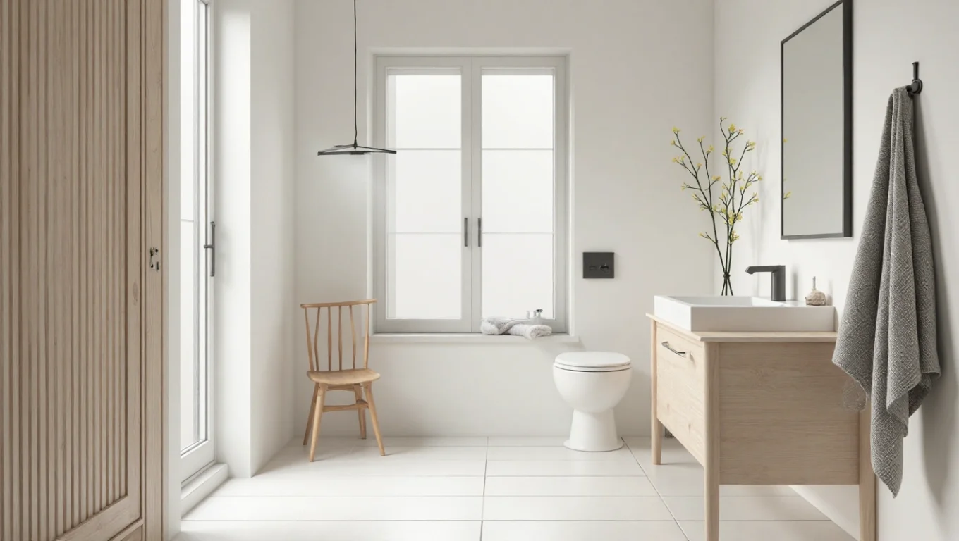Salle de bain style nordique : carrelage blanc et accessoires bois