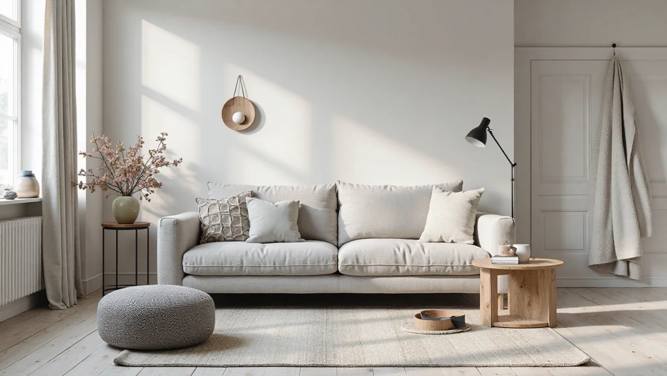 Salon nordique avec canapé gris : composition et accessoires