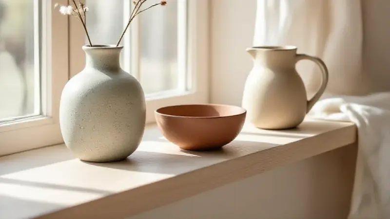 Trio de céramiques artisanales nordiques sur étagère en bois clair : vase en grès gris moucheté, bol aux tons terre cuite et pichet à verser en sable mat, toutes aux surfaces rugueuses et tactiles