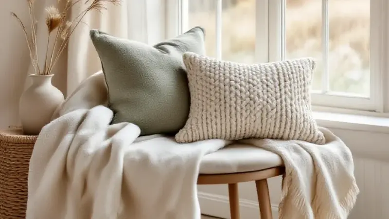 Nature morte textile mixte : pan de lin épais naturel aux côtés d’un coussin en laine tissée bouclée et d’un épi de blé séché, drapés ensemble sur un tabouret en chêne clair, lumière de fenêtre douce