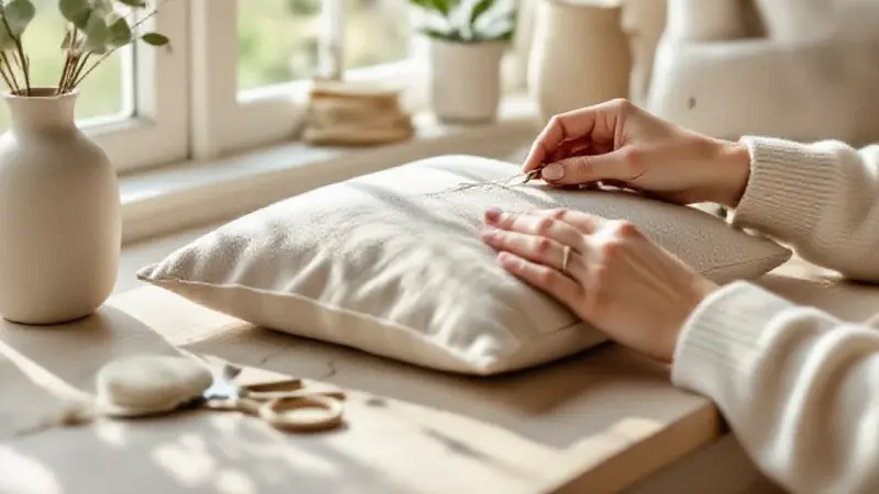 Mains travaillant sur du textile, couture à la main