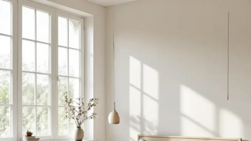 Content image, Scandinavian bedroom with linen bedding, minimal decor