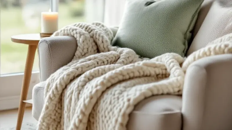 Content image, knitted wool throw, cozy plaid draped on furniture