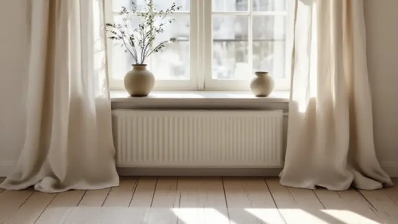 Lumière naturelle sur une grande fenêtre nordique un appartement suédois, lumière hivernale diffuse filtrant à travers des voilages en lin, parquet reflétant la clarté, simple pot en céramique sur le rebord
